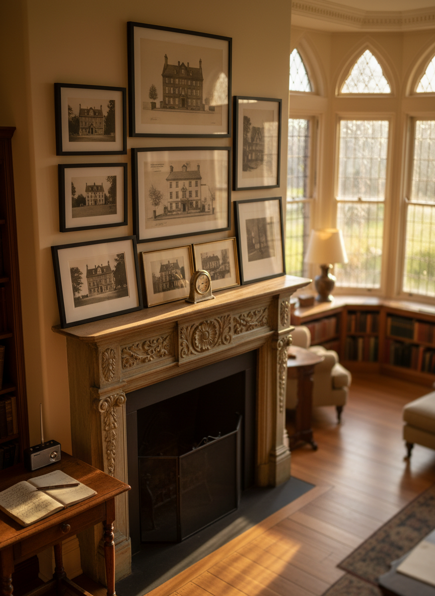 A warmly lit living room showcasing layers of history: in the foreground, an antique oak fireplace mantel with intricate carved details and a faint patina, topped by a carefully arranged cluster of framed architectural drawings and sepia photographs of the home through different eras. On a nearby side table, an open leather-bound notebook and a small digital voice recorder allude to meticulous homeowner interviews and historical research, without showing any people. Golden hour light pours through tall mullioned windows, revealing original wavy glass and casting soft, elongated shadows across polished hardwood floors. Photographic realism, with an elevated angle and shallow depth of field keeping the mantel sharp while the rest of the room falls into a refined, inviting blur, evoking a sophisticated, story-rich atmosphere.