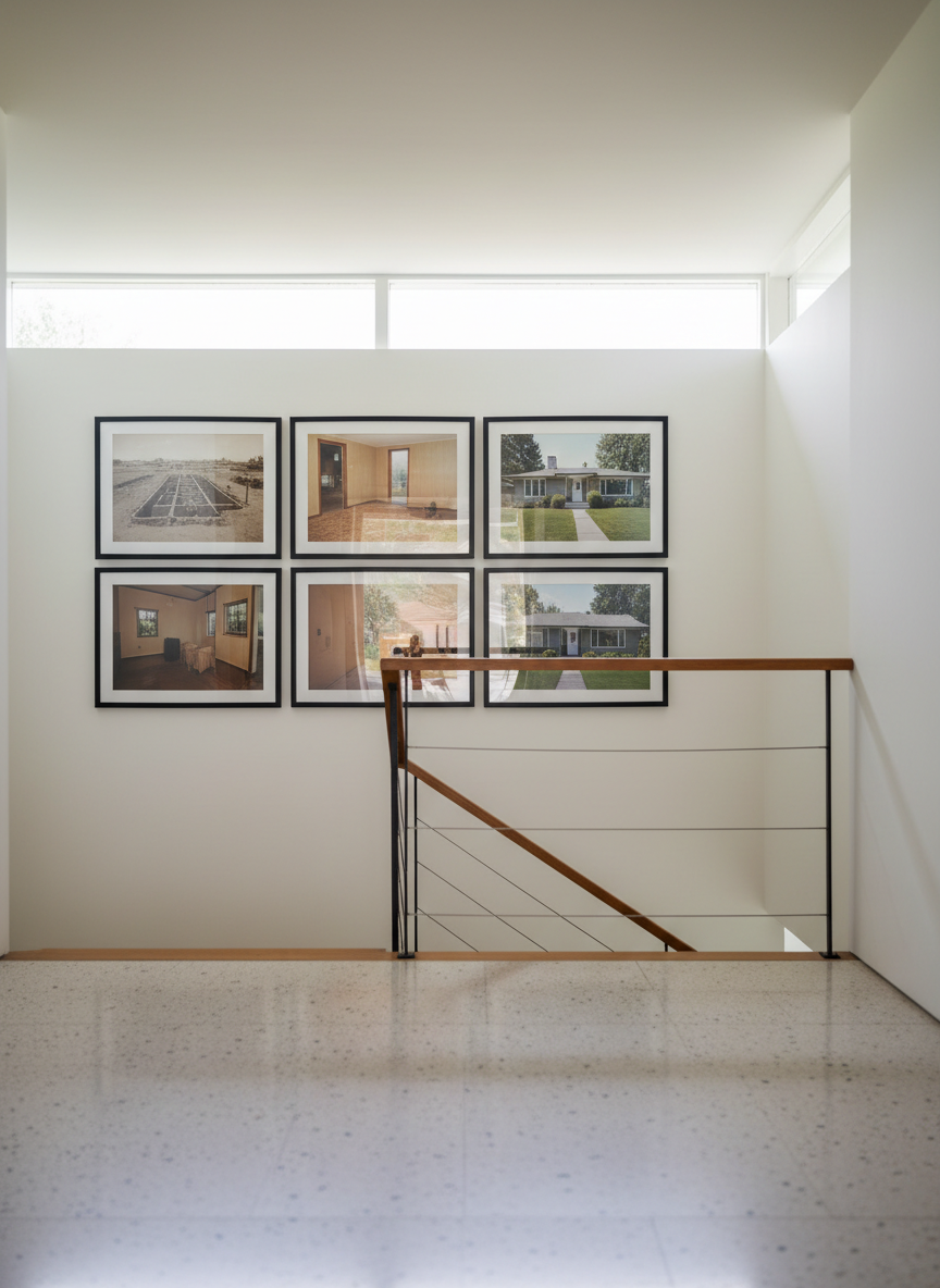 A serene entry hall in a mid-century home, captured in photographic realism to highlight change over time. On one wall, an artful grid of framed images displays the house at different stages: a faded construction photo, a 1970s renovation, a 1990s snapshot, and a recent, crisp color photograph—all carefully composed but slightly out of focus. In the foreground, the original terrazzo floor and a floating wooden staircase with slender metal balusters are rendered in sharp detail. Soft, indirect daylight from a clerestory window washes the space in an even, sophisticated glow, accentuating the subtle sheen of the materials. Shot at eye level with a clean, modern composition, the atmosphere is reflective and elegant, celebrating the home’s evolving character without any salesy feel.