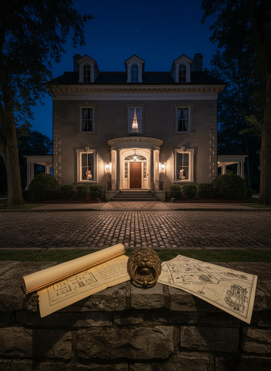 A nighttime exterior shot of a stately 19th-century home on a quiet, established street, illuminated in tasteful photographic realism. The main focus is the façade’s architectural details: tall, narrow windows with stone lintels, a gently arched doorway, and intricate cornice molding, all softly washed by warm porch lighting. In the foreground, a low stone wall holds a curated arrangement of historical documents and objects—an old house plan, a vintage door knocker, a hand-drawn neighborhood map—carefully arranged but not overpowering the scene. The sky is a deep indigo, with subtle reflections on slightly damp cobblestones. Shot from a low angle, the composition lends a sense of gravitas and quiet elegance, conveying a mood of timelessness and the layered stories contained within the home.