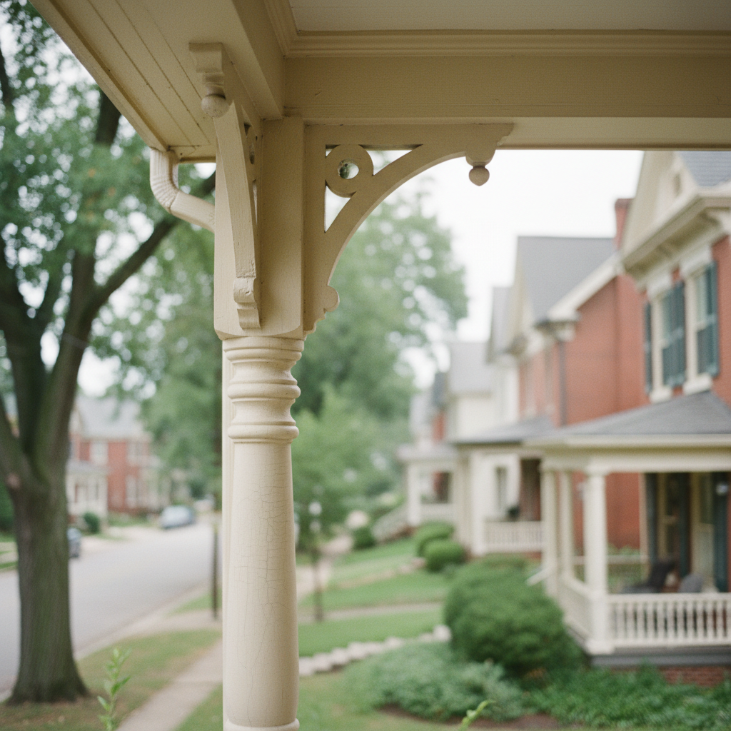 A close-up, photographic view of an ornate Victorian-era front porch column, its turned wood details and delicate brackets meticulously restored, paint in a tasteful cream with subtle hairline cracks hinting at age. The column frames a glimpse of a quiet, tree-lined historic neighborhood street, where varied rooflines, gables, and brick facades recede softly into the background. Overcast daylight provides gentle, even illumination, emphasizing textures without harsh contrast. The mood is contemplative and sophisticated, focusing on architectural character rather than commercial appeal. Captured at a slight upward angle with shallow depth of field, the column is in sharp focus while neighboring homes and leafy branches dissolve into a soft bokeh, evoking a sense of place and enduring charm.