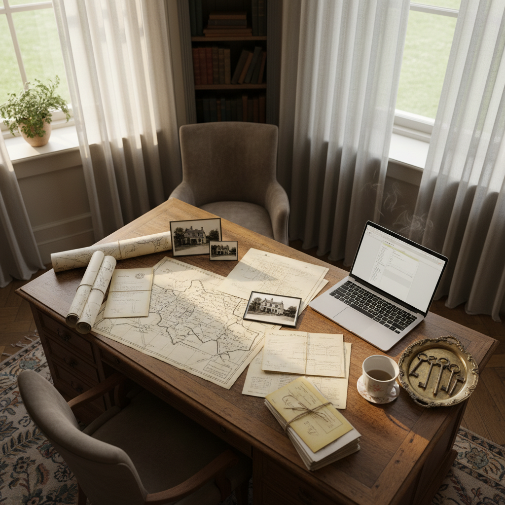 A meticulously styled writing desk tucked into a sunny bay window of an older home, embodying the process of uncovering a home’s story. On the desk, a spread of old property maps, black-and-white house photographs, and neatly stacked deed copies sits beside a modern laptop showing a blurred, open document. A small stack of vintage keys on a brass tray and a delicate ceramic mug add tactile detail. Soft morning sunlight filters through sheer curtains, illuminating the paper textures and casting refined, diagonal shadows across the woodgrain. Shot from an overhead, three-quarter perspective in photographic realism, the composition is balanced and uncluttered, with sharp focus on the research materials. The mood is calm, studious, and subtly luxurious, suggesting thoughtful, in-depth home history exploration.