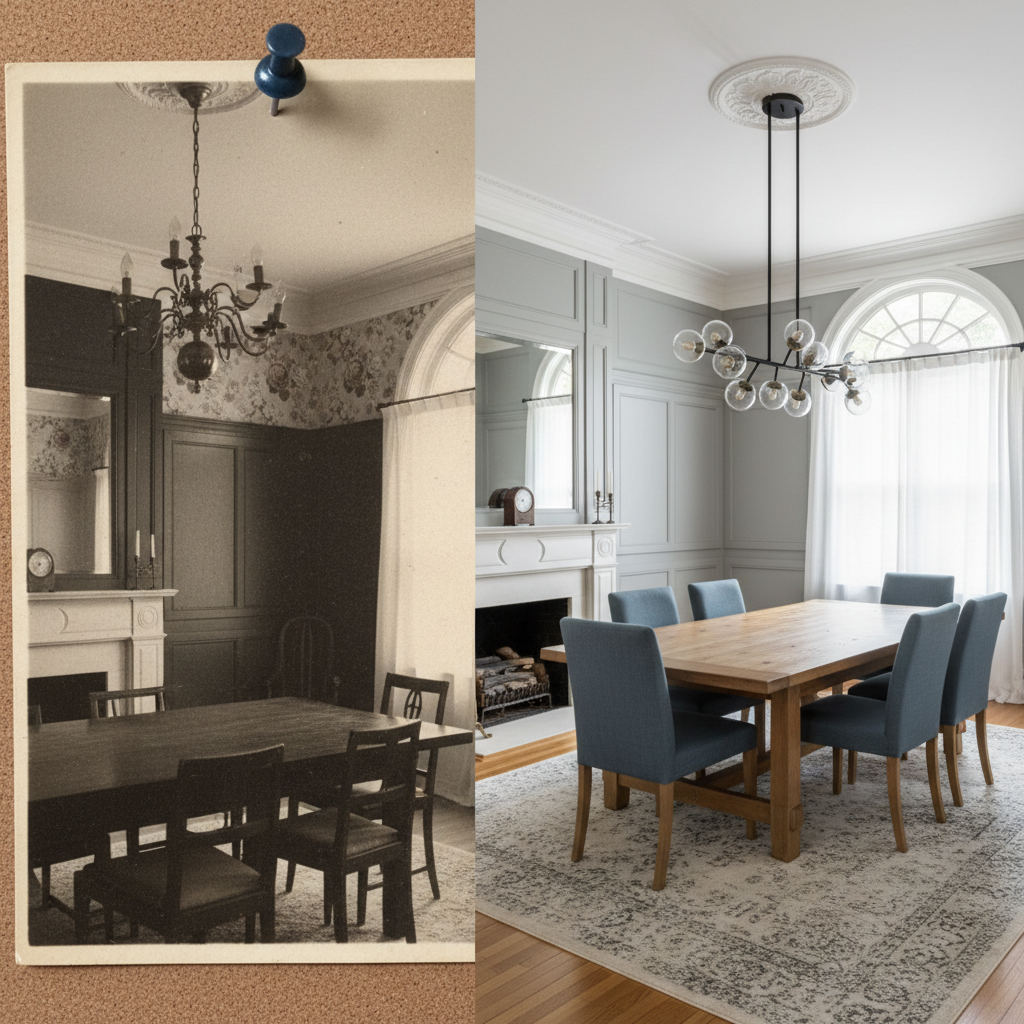 A split-screen style interior scene of a dining room, presented as a refined before-and-after transformation in photographic realism. On the left, a slightly faded, older image pinned to a corkboard shows the room with dark wood paneling, worn floral wallpaper, and a heavy brass chandelier. On the right, the same room today is captured in lush detail: original crown molding restored, paneling painted a soft dove gray, and a sleek yet classic light fixture hanging above a polished farmhouse table. The modern scene is bathed in soft, diffused daylight from tall windows, creating a calm, welcoming mood. Shot from a slightly elevated corner angle, both halves align perfectly, highlighting continuity of architectural details over time without feeling like a real estate listing.