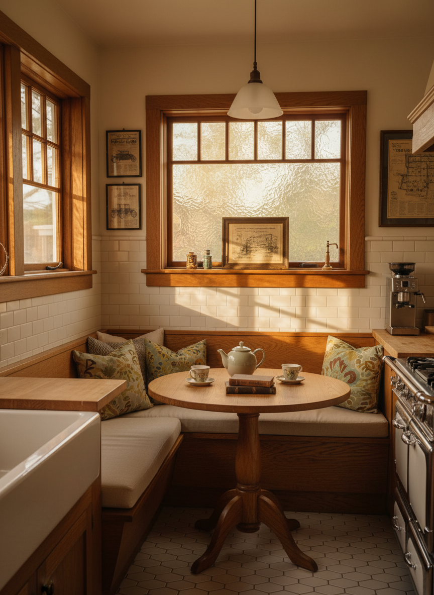 A richly detailed kitchen corner in a 1920s Craftsman bungalow, blending old and new to illustrate what current homeowners love. The focal point is an original built-in breakfast nook with quarter-sawn oak benches and a gently aged finish, now topped with crisp linen cushions in muted tones. Above, a small gallery of framed, text-free newspaper clippings and a vintage blueprint hints at the home’s history. Afternoon light streams through a multi-pane window, catching dust motes and creating delicate patterns on the white subway tile backsplash. Photographic realism with a slightly elevated angle and moderate depth of field keeps the nook in clear focus while the rest of the kitchen softly recedes. The mood is intimate, warm, and sophisticated, emphasizing comfort, heritage, and everyday charm.