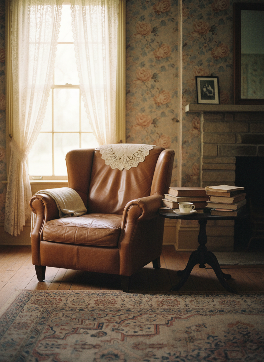 A candid, warmly lit photograph of a cozy historic farmhouse sitting room or front parlor — worn leather armchair, faded floral wallpaper, a stack of old books on a side table, afternoon light filtering through lace curtains. Feels lived-in and personal, not staged. Vintage, editorial documentary style. Not overly formal or stiff.