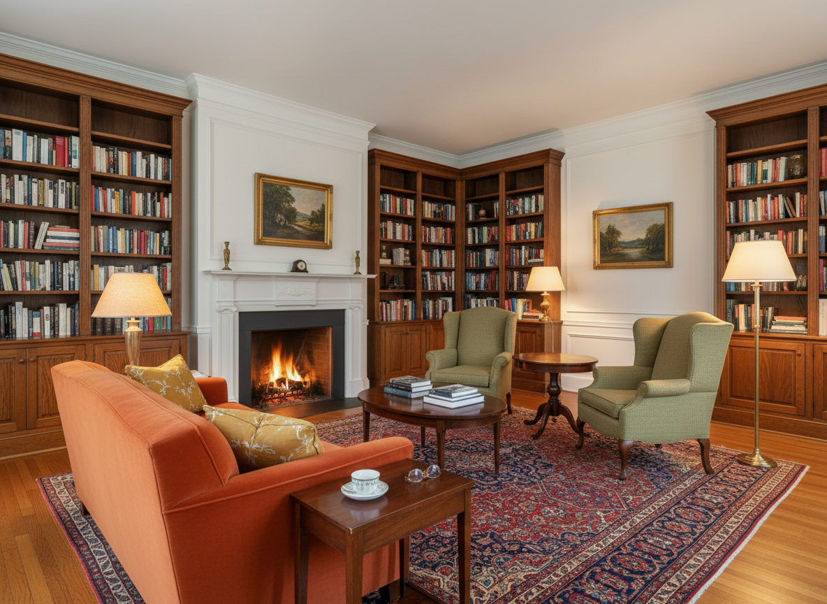 Warm living room in a beautifully remodeled historic home with floor-to-ceiling original built-in bookshelves flanking a fireplace with a painted wood mantel, warm honey hardwood floors, a Persian or Oriental-style area rug, a comfortable upholstered sofa in warm tones, soft warm lighting from table lamps, crown molding and wainscoting, classic furniture. Feels lived-in, cultured, and warm without being rustic or overly modern. Wide angle, landscape orientation, editorial interior photography style.